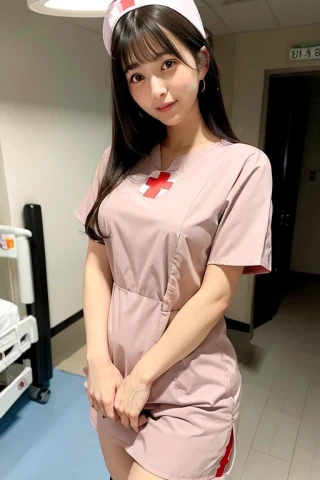 중간 길이 머리, 아름다운 소녀, 간호사 유니폼, 병원