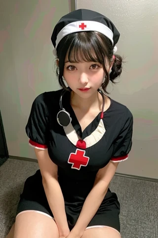 중간 길이 머리, 아름다운 소녀, 간호사 유니폼, 병원
