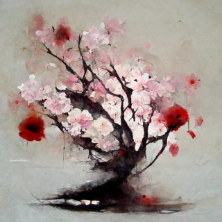 유화, 벚꽃, 일본의, 추상적인, 슬픈, 슬픔