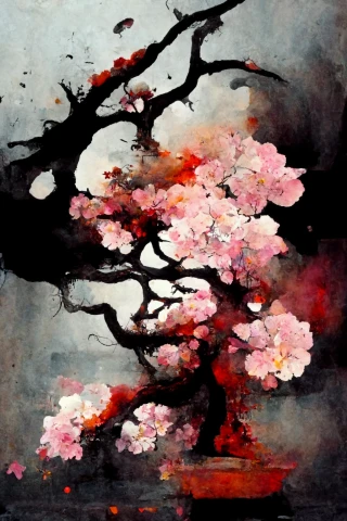벚꽃, 일본의, 분재, 광기, 추상적인, 비